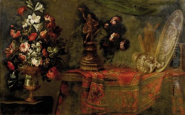Nature Morte Aux Pieces D'orfevrerie Sur Un Tapis Pose Sur Un Entablement Et Vase De Fleurs - view 1