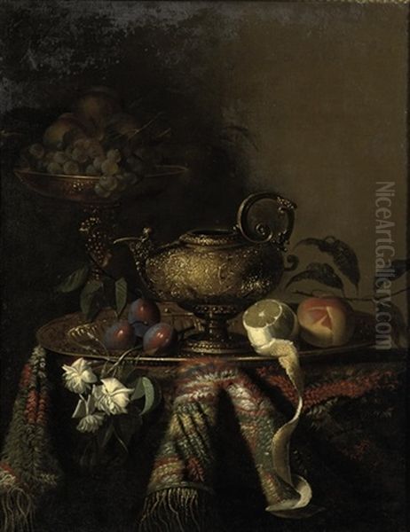 Plums, A Lemon And A Peach On A Gold Plate - view 1