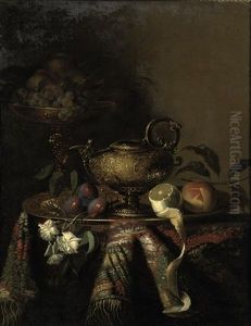 Plums, A Lemon And A Peach On A Gold Plate Plums, A Lemon And A Peach On A Gold Plate