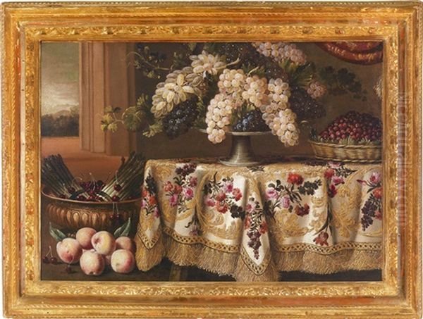 Stillleben Mit Weintrauben Auf Einem Mit Einem Blumenbestickten Tuch Bedeckten Tisch, Daneben Spargelbundel Und Pfirsiche - view 1
