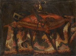 A Chained Monkey On A Cushion On A Draped Table-top