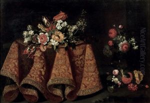 Tulips, Poppies And Various Other Flowers On A Gold Plate On A Table With A Gold Embroidered Cloth, Together With Other Flowers Nearby by Antonio Gianlisi