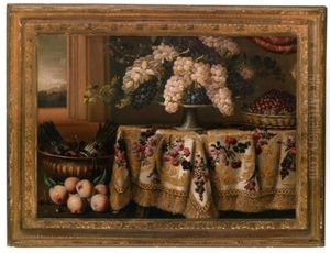 Stillleben Mit Weintrauben Auf Einem Mit Einem Kostbaren, Blumenbestickten Tuch Bedeckten Tisch by Antonio Gianlisi