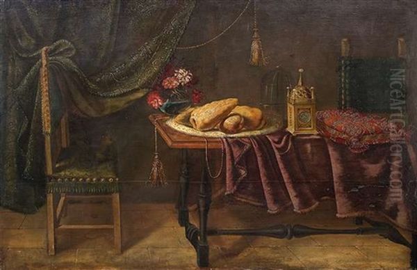 Groses Stillleben. Unter Einer Reichbestickten Draperie Sind Auf Einer Langen Tafel Zitronen Auf Einer Email(?)platte, Nelken In Einer Glasvase - view 1