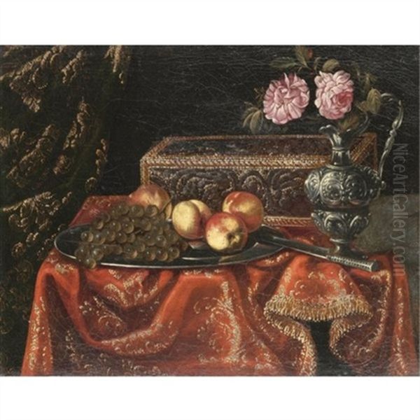 A Still Life With Grapes And Peaches On A Pewter Plate, Together With An Inlaid Coffer And Roses In A Pewter Ewer On A Table Draped With A Red Embroidered Cloth - view 1