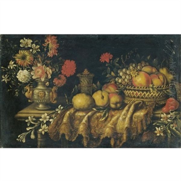 A Still Life With Grapes And Peaches In A Basket, A Pear And Various Other Fruits And Orange Blossom, Together With An Urn With Various Flowers On A Stone Table Draped With An Elaborately Embroidered - view 1