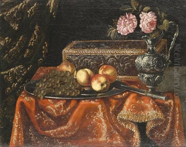 A Still Life With Grapes And Peaches On A Pewter Plate, Together With An Inlaid Coffer And Roses In A Pewter Ewer On A Table Draped With A Red Embroidered Cloth - view 1