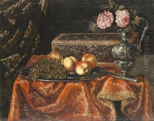 A Still Life With Grapes And Peaches On A Pewter Plate, Together With An Inlaid Coffer And Roses In A Pewter Ewer On A Table Draped With A Red Embroidered Cloth by Antonio Gianlisi