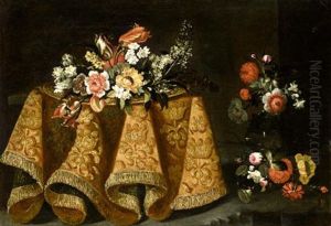Still Life With A Bouquet Of Flowers On A Gold Plate On A Table Draped With A Gold Embroidered Cloth, A Vase Of Flowers Beyond Still Life With A Bouquet Of Flowers On A Gold Plate On A Table Draped With A Gold Embroidered Cloth, A Vase Of Flowers Beyond
