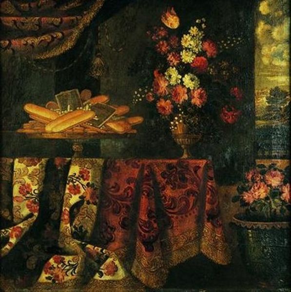 Nature Morte Au Plat De Biscuits Et Vase De Fleurs Sur Un Entablement Recouvert D'un Tapis by Antonio Gianlisi