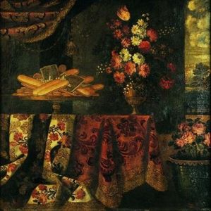 Nature Morte Au Plat De Biscuits Et Vase De Fleurs Sur Un Entablement Recouvert D'un Tapis by Antonio Gianlisi