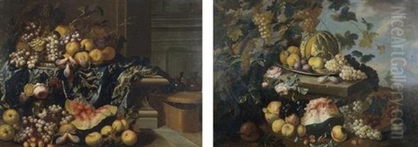 An Interior With A Still Life Of Peaches, Grapes, Plums, A Melon And Flowers, On A Stone Ledge Draped With An Embroidered Tablecloth (+ Landscape With A Still Life; Pair) - view 1