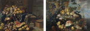 An Interior With A Still Life Of Peaches, Grapes, Plums, A Melon And Flowers, On A Stone Ledge Draped With An Embroidered Tablecloth (+ Landscape With A Still Life; Pair) by Antonio Gianlisi