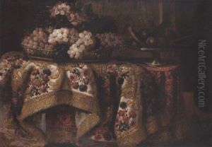Grapes In A Basket With Sweetmeats On A Salver On A Draped Table
