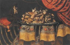 A Still Life Of Candied Fruit And Sweetmeats On A Platter, Resting On A Table Draped With A Carpet, A Monkey On A Cushion Nearby A Still Life Of Candied Fruit And Sweetmeats On A Platter, Resting On A Table Draped With A Carpet, A Monkey On A Cushion Nearby