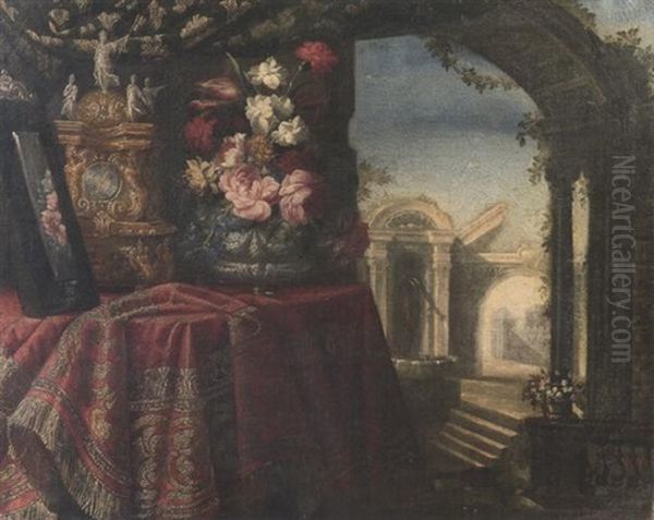 Natura Morta Con Vaso Metallico, Fiori, Un Orologio E Uno Specchio Su Sfondo Di Architettura - view 1