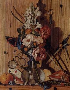 Trompe L'oeil Still Life Of A Vase Of Flowers, Shells And A Book, With Eyeglasses, A Key And Other Objects Tacked To A Wooden Wall Trompe L'oeil Still Life Of A Vase Of Flowers, Shells And A Book, With Eyeglasses, A Key And Other Objects Tacked To A Wooden Wall