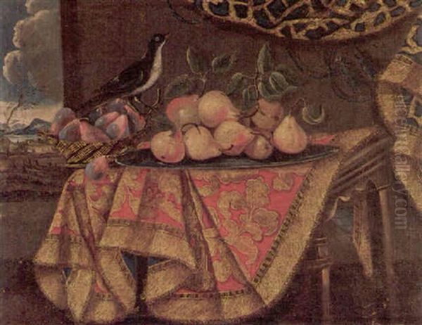 Still Life Of Pears, Plums And A Bird On A Draped Table - view 1