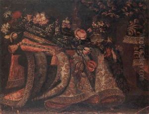 A Still Life Of Flowers On A Cushion Resting On A Table Draped With An Embroidered Curtain by Antonio Gianlisi