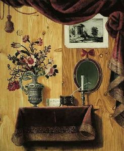 A Trompe L'oeil Still Life Of A Vase Of Flowers, An Inkwell And A Candle On A Ledge And Objects Hanging On A Panelled Wall A Trompe L'oeil Still Life Of A Vase Of Flowers, An Inkwell And A Candle On A Ledge And Objects Hanging On A Panelled Wall