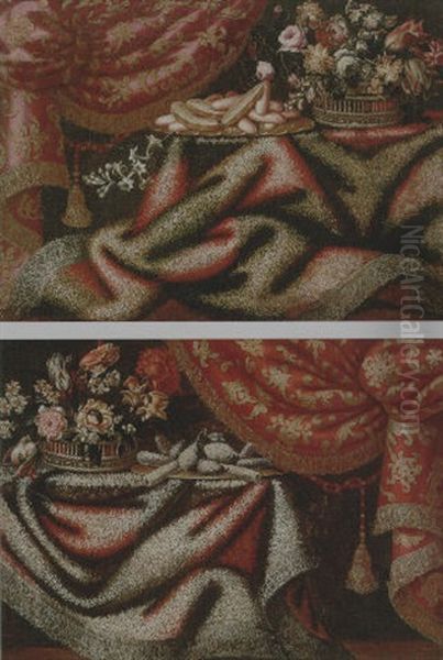 Still Life Of A Basket Of Flowers, Together With A Dish Of Sweet Breads And Sugared Fruits, Upon A Draped Table, Beside Ornate Curtains - view 1