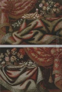 Still Life Of A Basket Of Flowers, Together With A Dish Of Sweet Breads And Sugared Fruits, Upon A Draped Table, Beside Ornate Curtains