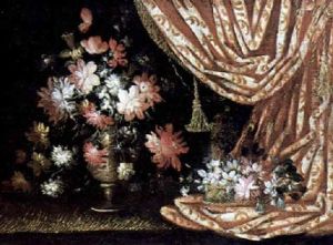 Natura Morta Con Vaso Di Fiori Sopra Una Tavola Presso Un Ricco Tendaggio