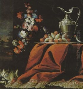 Natura Morta Con Tendaggi, Piatto Di Frutta, Brocca, Vaso Di Fiori E Gatto Natura Morta Con Tendaggi, Piatto Di Frutta, Brocca, Vaso Di Fiori E Gatto