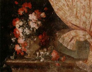 A Still Life Of Flowers In A Vase Upon A Tabletop, With A Draped Embroidered Curtain A Still Life Of Flowers In A Vase Upon A Tabletop, With A Draped Embroidered Curtain