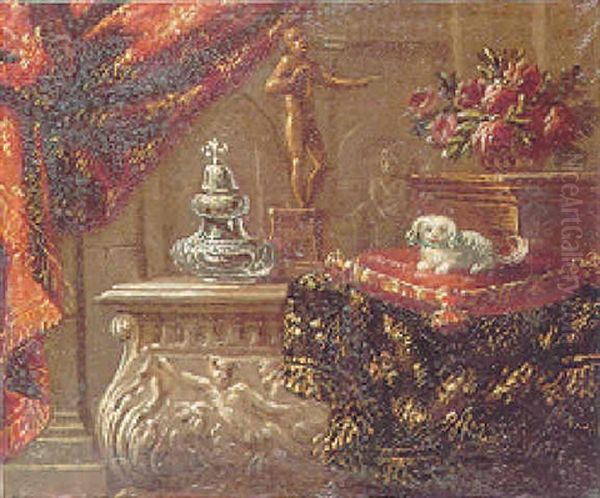 A Still Life Of A Terrier On A Cushion On A Carved Marble Ledge Beside A Statue And A Vase Of Roses Beneath A Red Curtain - view 1