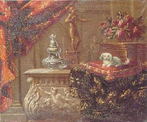 A Still Life Of A Terrier On A Cushion On A Carved Marble Ledge Beside A Statue And A Vase Of Roses Beneath A Red Curtain