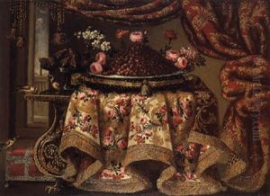 A Platter Of Wild Strawberries With Flowers On A Pillow And A Tazza Of Figs On A Console Table Partially Draped With A Cloth