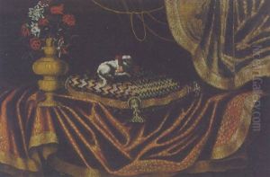 A Toy Spaniel On An Embroidered Cushion With A Vase Of Flowers On A Draped Table A Toy Spaniel On An Embroidered Cushion With A Vase Of Flowers On A Draped Table