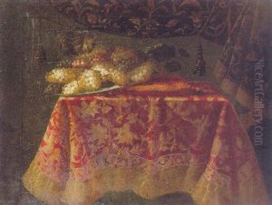 A Still Life Of Grapes On A Silver Plate On A Red Velvet Cushion On A Red And Gold Rug On A Table