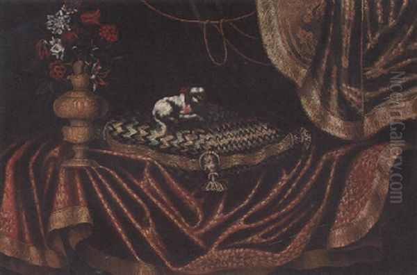 Toy Spaniel On An Embroidered Cushion With A Vase Of Flowers On A Draped Table - view 1