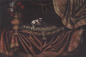 Toy Spaniel On An Embroidered Cushion With A Vase Of Flowers On A Draped Table Toy Spaniel On An Embroidered Cushion With A Vase Of Flowers On A Draped Table