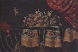A Monkey Eating Candied Fruit And Sweetmeats On A Platter On A Draped Table by Antonio Gianlisi