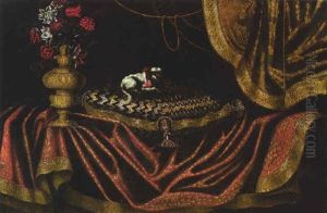 A Toy Spaniel On An Emboirdered Cushion With A Vase Of Flowers On A Draped Table A Toy Spaniel On An Emboirdered Cushion With A Vase Of Flowers On A Draped Table