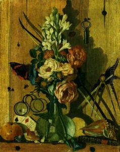 Trompe L'oeil Still Life Of A Vase Of Flowers, Shells, And A Book, With Eyeglasses, A Key And Other Objects Tacked To A Wooden Wall by Antonio Gianlisi