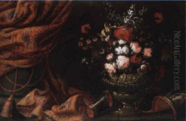 Natures Mortes Aux Vases De Fleurs, Armures Et Draperies - view 1