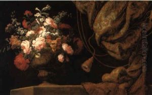 Roses And Other Flowers In A Terracotta Vase On A Stone Ledge With A Curtain by Antonio Gianlisi