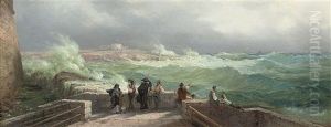 Figures Waiting At The Quay, Manoel Island, Malta, Fort Tigne Beyond