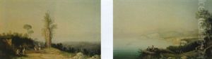 Figures On A Path Beside A Ruin Overlooking The Bay Of Naples by Girolamo Gianni