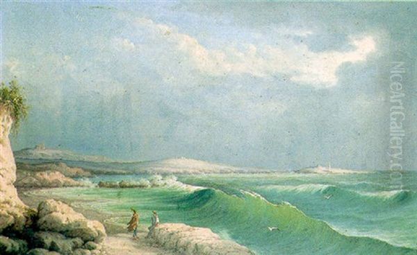Selmun And St Paul's Island From St Paul's Bay With Two Maltese Conversing In The Foreground - view 1