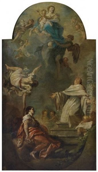 Vierge A L'enfant Apparaissant A Deux Saints, A Vue Chantournee Dans La Partie Superieure Et Inferieure - view 1