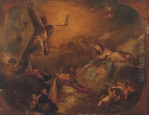 Santo Vescovo In Gloria Con Cristo Crocifisso E La Vergine In Preghiera by Corrado Giaquinto