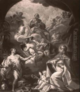 Saint Paul In Glory With Saint Sebastian And A Bishop Saint by Corrado Giaquinto