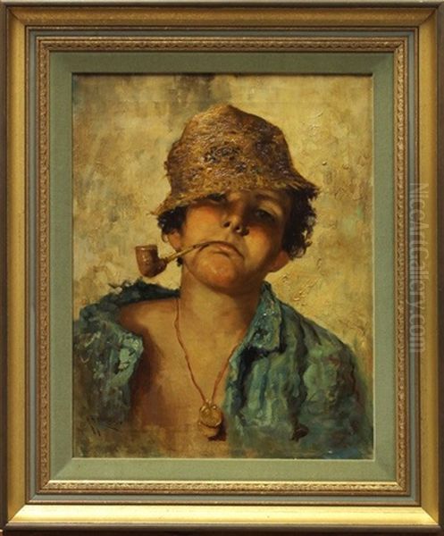 Young Boy With Corn Cob Pipe - view 1