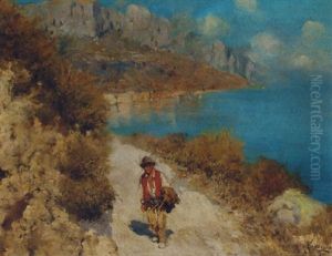 A Man On A Coastal Track With A Village Beyond by Carmine Giardiello