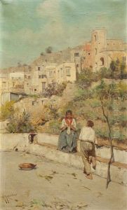 Pareja Con Pueblo Italiano Detras by Giuseppe Giardiello